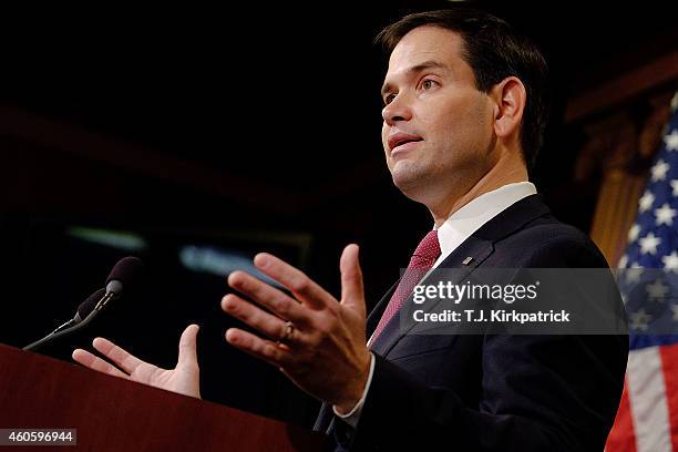 Sen. Marco Rubio reacts to U.S. President Barack Obama's announcement about revising policies on U.S.-Cuba relations on December 17, 2014 in...