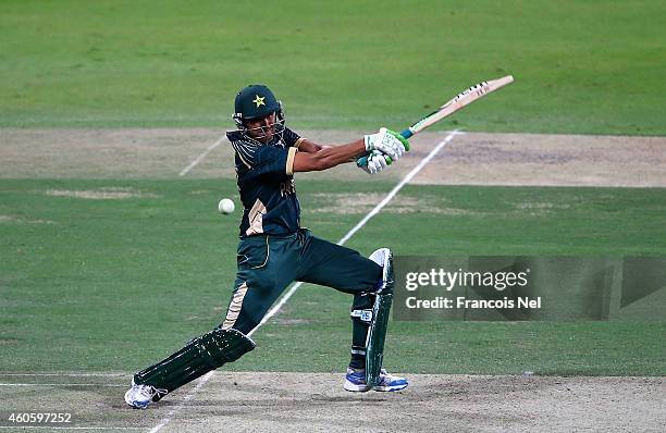 Younis Khan of Pakistan bats during the 4th One Day International match between Pakistan and New Zealand at Sheikh Zayed Stadium on December 17, 2014...