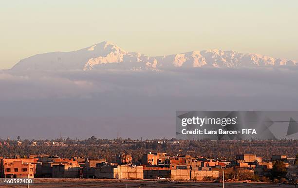 The Atlas mountains are seen from the roof of the stadium during the FIFA Club World Cup 5th place match between ES Setif and WS Wanderers FC at Le...