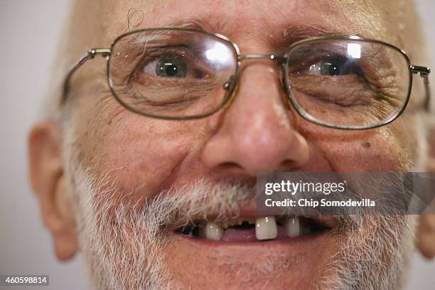 Alan Gross makes a statement to the news media at the law offices of Gilbert LLC after he arriving back in the United States December 17, 2014 in...