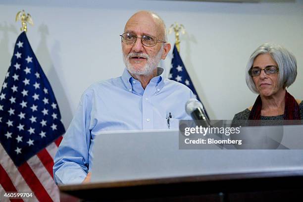 American aid worker Alan Gross, a former Cuban prisoner released on humanitarian grounds, speaks at a news conference with his wife Judy Gross,...