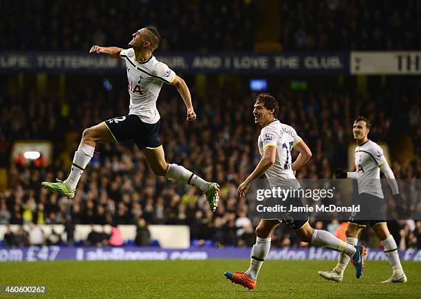 Nabil Bentaleb of Tottenham Hotspur celebrates scoring the opening goal during the Capital One Cup Quarter-Final match between Tottenham Hotspur and...