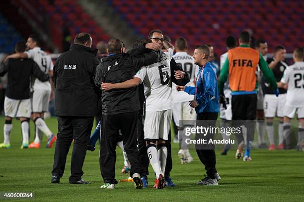 Setif players celebrate at the end of their 2014 FIFA Club World Cup fifth place soccer match against Western Sydney Wanderers FC at the Marrakech...