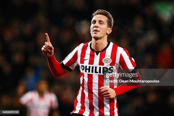 Luuk de Jong of PSV Eindhoven celebrates scoring his teams first goal of the game during the Eredivisie match between PSV Eindhoven and Feyenoord...