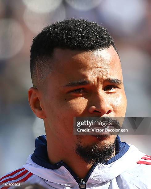 Charlie Davies of the New England Revolution looks on during pre-game ceremonies prior to the 2014 MLS Cup match between the New England Revolution...
