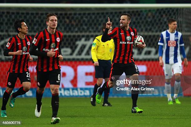 Haris Seferovic of Frankfurt celebrates his team's second goal during the Bundesliga match between Eintracht Frankfurt and Hertha BSC at...