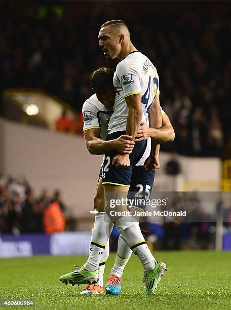 Nabil Bentaleb of Tottenham Hotspur celebrates scoring the opening goal with Benjamin Stambouli of Tottenham Hotspur during the Capital One Cup...