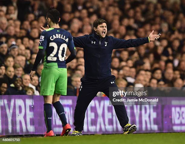 Mauricio Pochettino, manager of Tottenham Hotspur reacts during the Capital One Cup Quarter-Final match between Tottenham Hotspur and Newcastle...