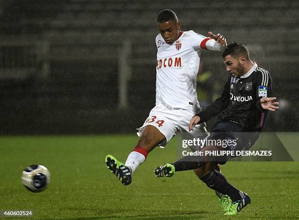 Lyon's French midfielder Jordan Ferri vies for the ball with Monaco's Afghan defender Abdou Diallo during the French League Cup football match...