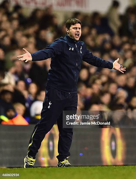 Mauricio Pochettino, manager of Tottenham Hotspur reacts during the Capital One Cup Quarter-Final match between Tottenham Hotspur and Newcastle...