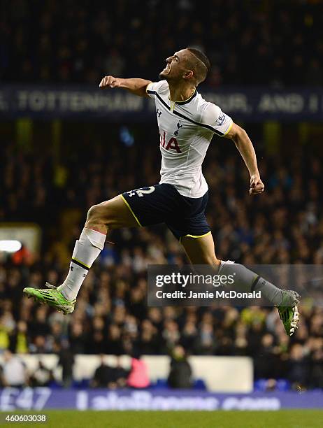 Nabil Bentaleb of Tottenham Hotspur celebrates scoring the opening goal during the Capital One Cup Quarter-Final match between Tottenham Hotspur and...