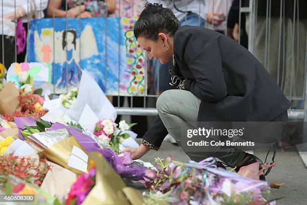 Australian Senator, Jaqui Lambie lays flowers on the floral tribute at Martin Place on December 18, 2014 in Sydney, Australia. Sydney siege gunman...