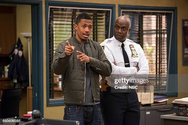 The Stakeout" Episode 211 -- Pictured: Nick Cannon as Marcus, Andre Braugher as Ray Holt --