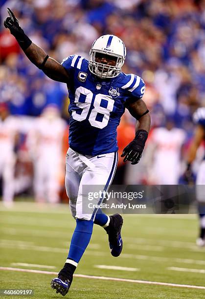 Outside linebacker Robert Mathis of the Indianapolis Colts celebrates after a failed fourth down attempt by the Kansas City Chiefs during a Wild Card...