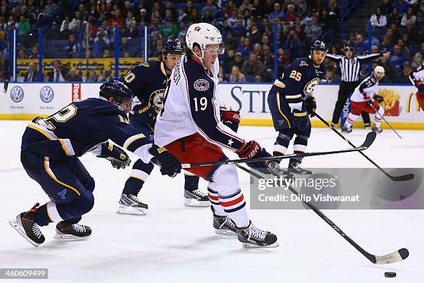 Ryan Johansen of the Columbus Blue Jackets moves the puck up the ice against Derek Roy of the St. Louis Blues at the Scottrade Center on January 4,...