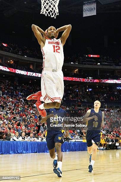 Sam Thompson of the Ohio State Buckeyes slam dunks off a fast break in the second half against the North Carolina A&T Aggies on December 17, 2014 at...