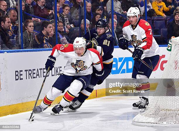 Sean Bergenheim of the Florida Panthers handles the puck as Patrik Berglund of the St. Louis Blues gives chase on December 8, 2014 at Scottrade...