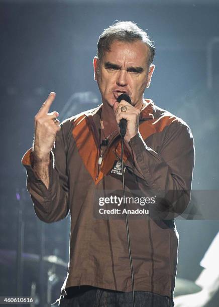 Morrissey, vocalist of the band The Smiths, performs on stage at Volkswagen Arena on December 17, 2014 in Istanbul, Turkey.