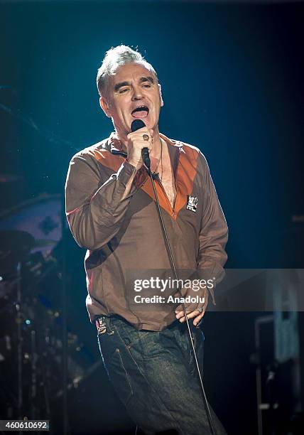 Morrissey, vocalist of the band The Smiths, performs on stage at Volkswagen Arena on December 17, 2014 in Istanbul, Turkey.