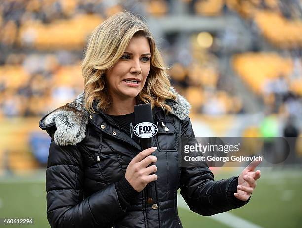 Fox Sports NFL sideline reporter Charissa Thompson reports from the sideline before a game between the New Orleans Saints and Pittsburgh Steelers at...