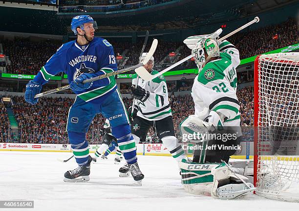 Trevor Daley of the Dallas Stars watches Kari Lehtonen of the Stars bat the puck away from Nick Bonino of the Vancouver Canucks during their NHL game...