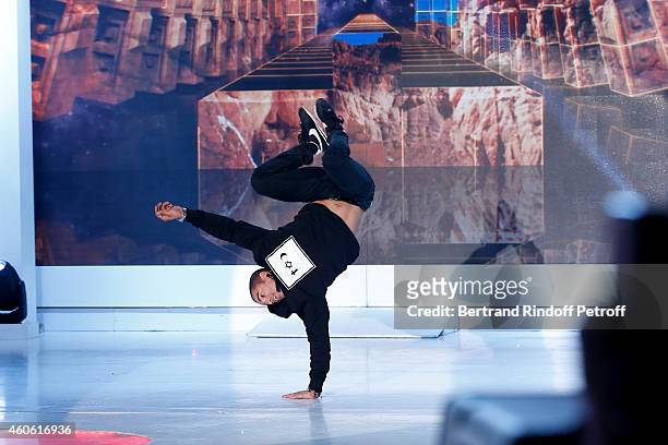 Brahim Zaibat performs and presents the 'Rock it all Tour' during the 'Vivement Dimanche' French TV Show at Pavillon Gabriel on December 17, 2014 in...