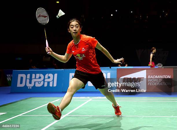Wang Shixian of China in action against Bae Yeon Ju of Korea during the Women's Singles RR1 match on day two of the BWF Destination Dubai World...