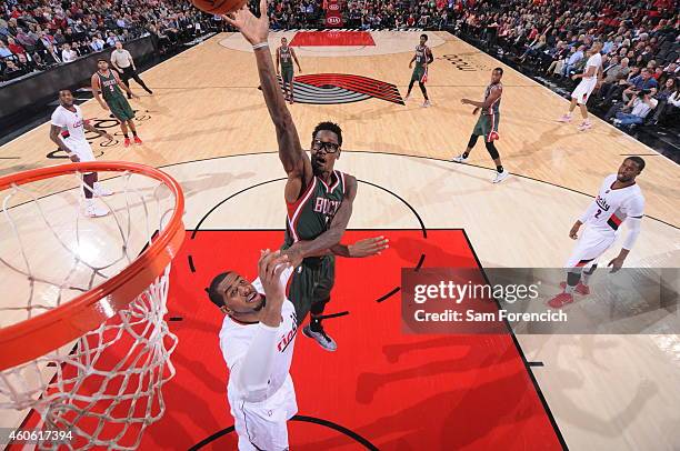 Larry Sanders of the Milwaukee Bucks shoots the ball against the Portland Trail Blazers during the game on December 17, 2014 at the Moda Center in...