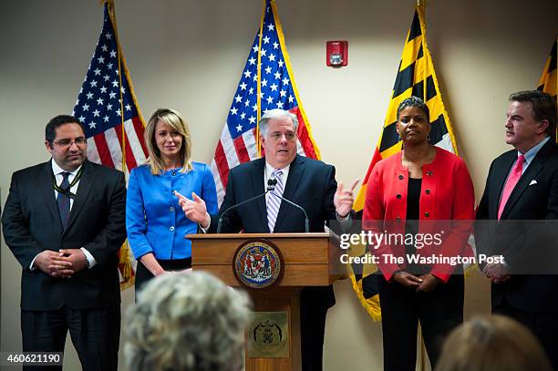 Maryland gov. Elect Larry Hogan, center, announces four cabinet secretaries from left, Sam J. Abed, Department of Juvenile Services, Del. Kelly M....