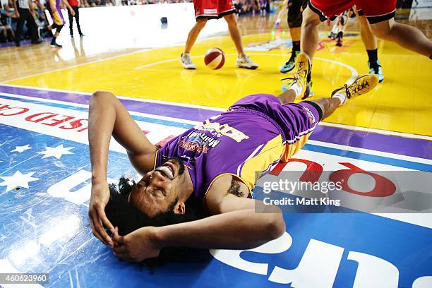 Josh Childress of the Kings falls to the ground during the round 11 NBL match between the Sydney Kings and the Perth Wildcats at Sydney Entertainment...