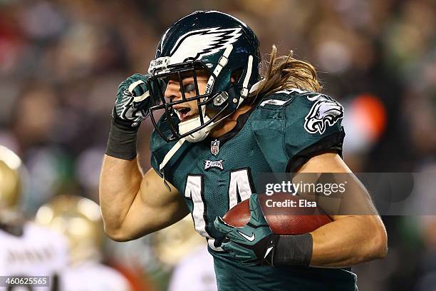 Riley Cooper of the Philadelphia Eagles celebrates after scoing a 10 yard touchdown thrown by Nick Foles in the second quarter against the New...