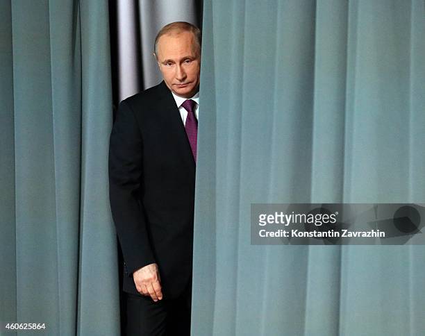 Russian President Vladimir Putin during an annual press conference on December 18, 2014 in Moscow, Russia. The national address comes amid growing...