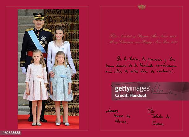 This handout image provided by the Spanish Royal Household shows the inside of the Royal Christmas Card featuring a photograph of King Felipe VI of...