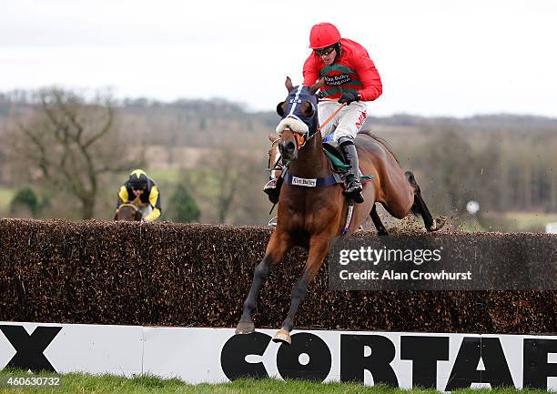 Jason Maguire riding Premier Portrait clear the last to win The Play Tipzone on gg.com Novices' Limited Handicap Steeple Chase at Towcester...