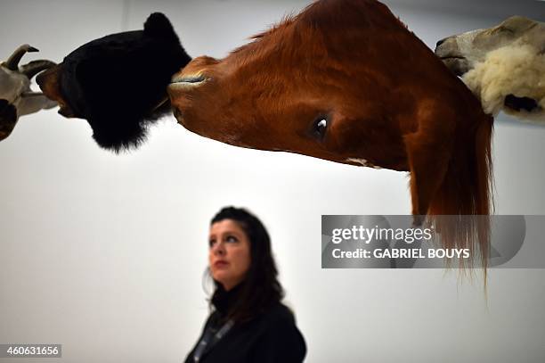Woman looks at animal heads, art pieces by Chinese artist Huang Yong Ping, during a press preview of the exhibition "Bugarach" at the Maxxi museum in...