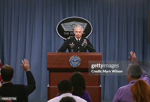 Army Lt. Gen. James Terry, commander of the Combined Joint Task Force-Operation Inherent Resolve, takes questions during a briefing at the Pentagon,...
