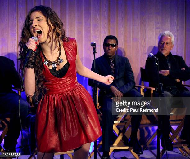 Singer Luara Melody performs at ISINA collaboration announcement at Capitol Recording Studios Holiday Party at Capitol Records Studio on December 17,...