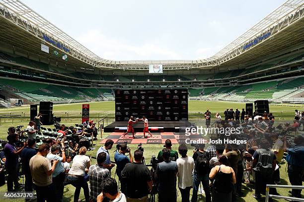Renan Barao of Brazil holds an open training session for fans and media at Allianz Parque on December 18, 2014 in Sao Paulo, Brazil.