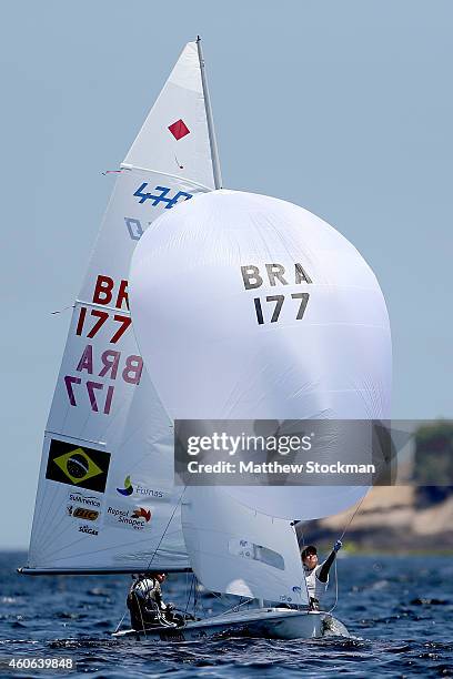 Fernanda Oliveira and Ana Barbachan of Brazil sail in the Pao de Acucar course during the Women's 470 class competition as part of the Copa Brasil de...