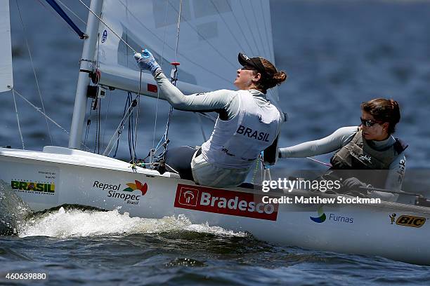 Fernanda Oliveira and Ana Barbachan of Brazil sail in the Pao de Acucar course during the Women's 470 class competition as part of the Copa Brasil de...