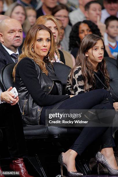 Aleka Kamila watches as her husband, Peja Stojakovic, has his jersey retired during haltime against the Oklahoma City Thunder on December 16, 2014 at...