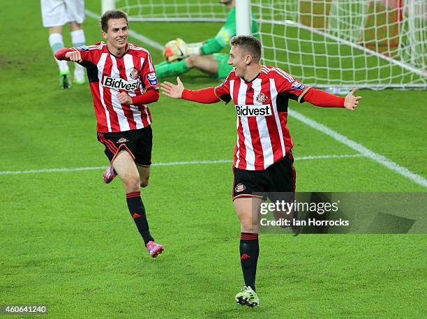 David Ferguson of Sunderland celebrates scoring the opening goal with a header during The Premier League International Cup match between Sunderland...