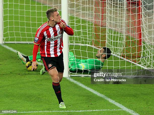 David Ferguson of Sunderland celebrates scoring the opening goal with a header during The Premier League International Cup match between Sunderland...