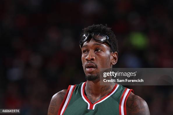 Larry Sanders of the Milwaukee Bucks stands on the court against the Larry Sanders of the Milwaukee Bucks stands on the court against the