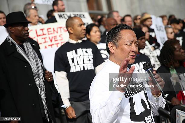 San Francisco public defender Jeff Adachi speaks during a "Hands Up, Don't Shoot" demonstration in front of the San Francisco Hall of Justice on...