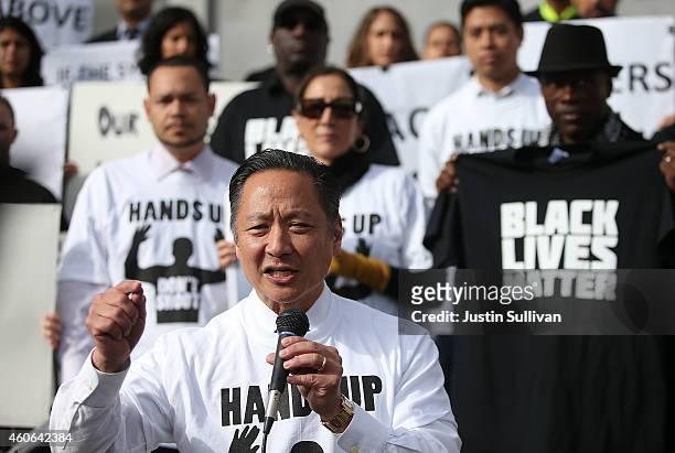 San Francisco public defender Jeff Adachi speaks during a "Hands Up, Don't Shoot" demonstration in front of the San Francisco Hall of Justice on...