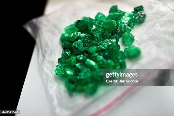 Rough emeralds seen before being processed in a cutting and polishing workshop on January 31, 2013 in Bogota, Colombia. Approximately 60 percent of...