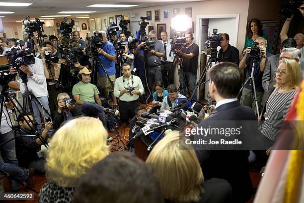 Sen. Marco Rubio speaks to the media as he is joined by other congressional people as they address the decision by President Barack Obama to change...
