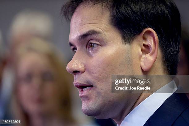 Sen. Marco Rubio speaks to the media as he is joined by other congressional people as they address the decision by President Barack Obama to change...