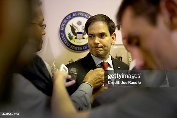 Sen. Marco Rubio speaks to the media as he is joined by other congressional people as they address the decision by President Barack Obama to change...